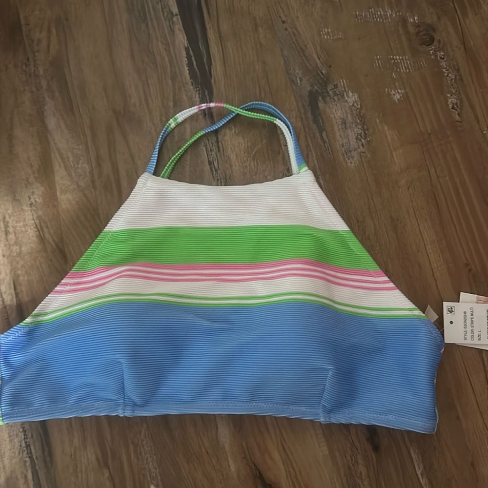 JESSICA SIMPSON HIGH NECK BIKINI TOP: STRIPED: NEW WITH TAGS: SIZE LARGE